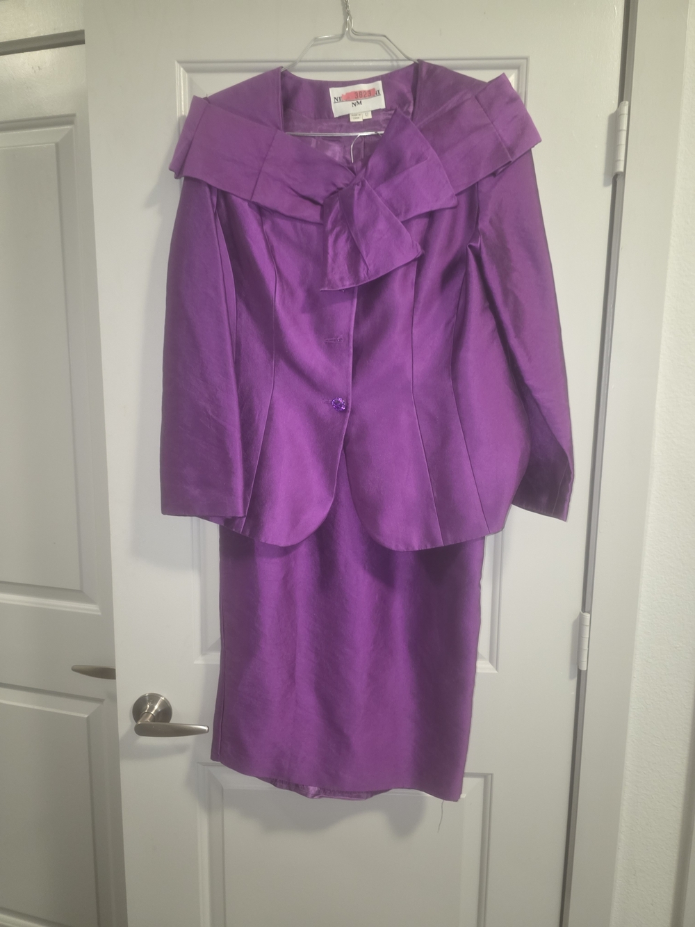 Nina Massini Vibrant Purple Pencil Skirt Suit with Bow Collar